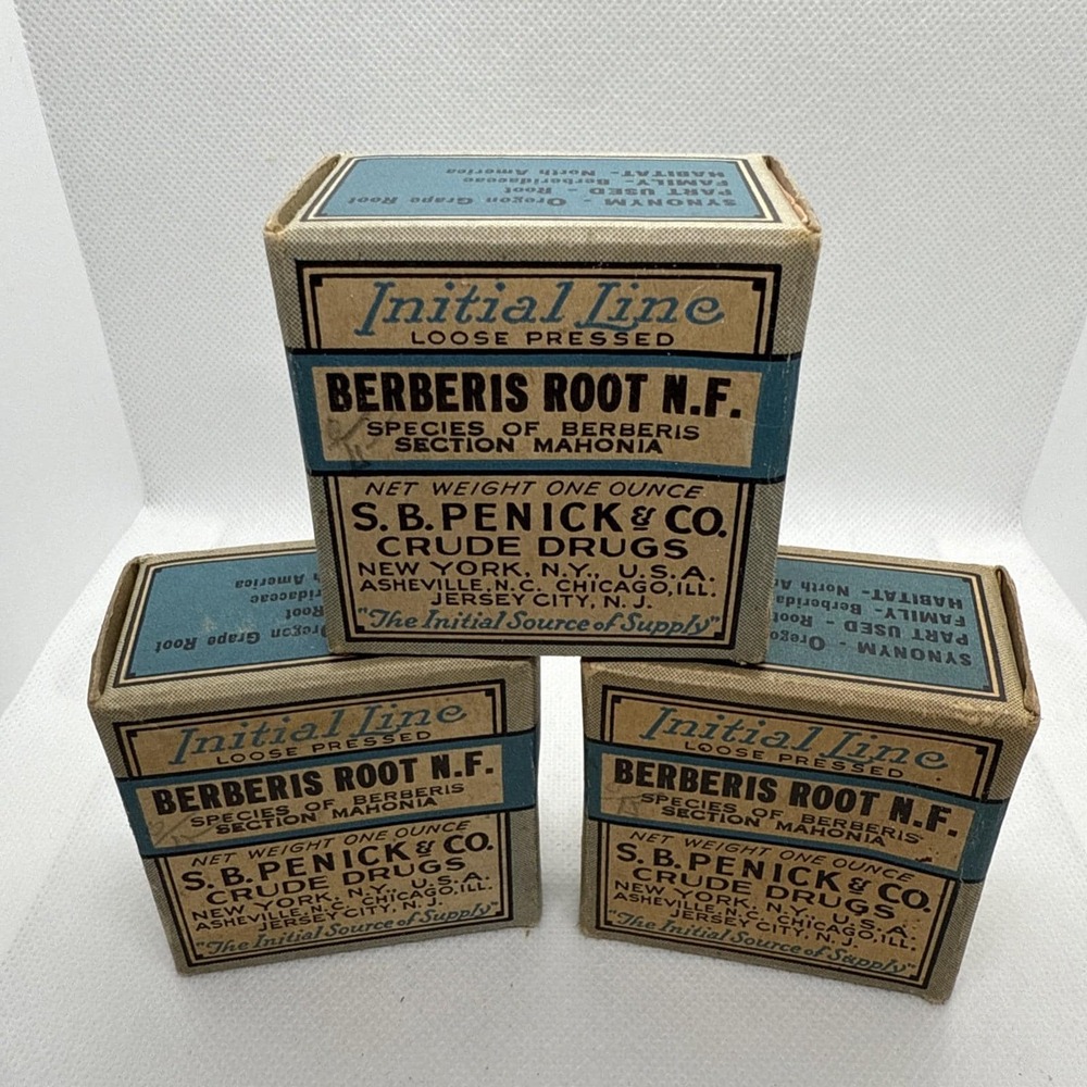 3 FULL Antique Vintage S B Penick Berberis Root Box Apothecary NEW YORK